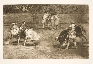 A Bullfighter, Sitting on the Shoulders of a Helper, Stabs a Bull