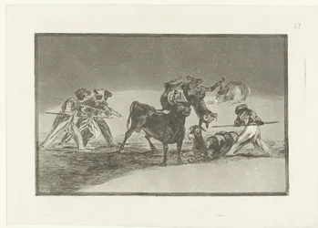 Moors and donkeys fighting a bull; Arena of the Moors made with donkeys to defend themselves from the bull with padded horns (title on object); Bullfighting (series title)