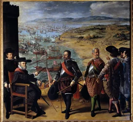 The defence of Cadiz against the English. The English troops seized the Tower of Cadiz on 1 November 1625 in order to intercept gold and silver from America. The seated character is Fernando Giron, governor of the city