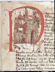 Historiated initial depicting Attila the Hun burning the city of Aquila from The War of Attila by Nicola da Casola
