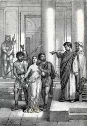 Agnes of Rome brought naked through the streets to a brothel, drawing from 