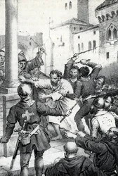 Penance of Raymond VI, Count of Toulouse - On 22/06/1209 Raymond VI, Count of Toulouse, is excommunicated by Pope Innocent III (Milon, legate of the Pope) for not pursuing the Cathars, accused of being the instigator of the assassination of Pierre de