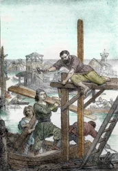 Foundation of Venice by the refugees hunted away by the barbarian of Attila, 5th century