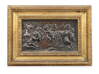 Rectangular Bronze Relief of Bacchanalian Infants Playing with a Goat