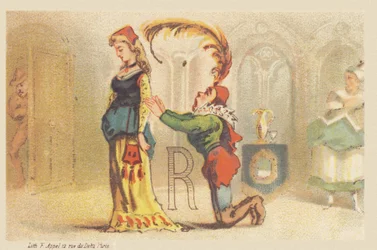 R (letter shown by a lady and a valet on his knees)