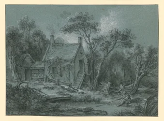 House with Stairs between Trees, with an Angler in Front