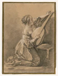 Kneeling Young Woman Tuning a Lute