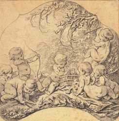 Putti in a Landscape Shooting Arrows and Opening a Cage, a Hunting Trophy in the Foreground