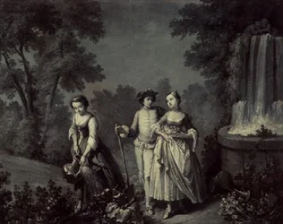 Two girls and a youth gardening near a fountain