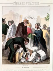 Customs control of the dowry of an heiress who was going to marry a young man. Colour engraving by Francois Bouchot, circa 1830