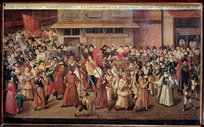 French Wars of Religion: armed procession of The Catholic League of France in the streets of Paris