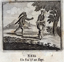 A Mad and a Wise. Fables by Jean de La Fontaine (1621-95). Illustration by François Chauveau (1613-1676). Edition of 1728
