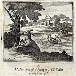 The Donkey Loaded with Sponges and the Donkey Loaded with Salt. Fables by Jean de La Fontaine. Illustration by François Chauveau. Edition of 1728