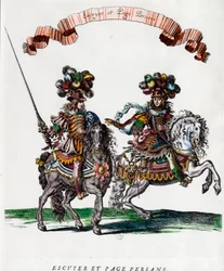 Equerry and Persian page during the carousel given by King Louis XIV. Engraving by Francois Chauveau around 1662