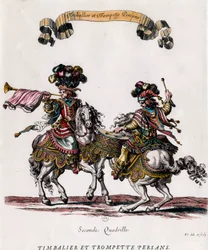 Persian timbalier and trumpet during the carousel given by King Louis XIV. Engraving by Francois Chauveau circa 1662. Private collection