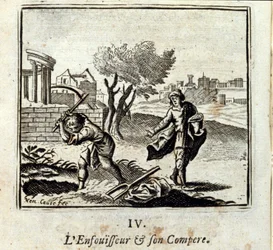 The Burner and his Compere. Fables by Jean de La Fontaine (1621-95). Illustration by François Chauveau (1613-1676). Edition of 1728