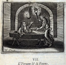 The Drunk and his wife. Fables by Jean de La Fontaine (1621-95). Illustration by François Chauveau (1613-1676). Edition of 1728