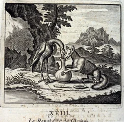 The Fox and the Stork. Fables by Jean de La Fontaine (1621-95). Illustration by François Chauveau (1613-1676). Edition of 1728