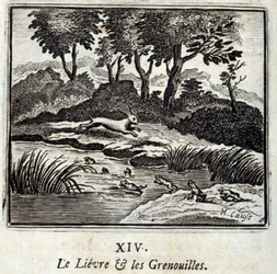 The Hare and the Frogs. Fables by Jean de La Fontaine (1621-95). Illustration by François Chauveau (1613-1676). Edition of 1728