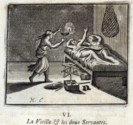 The Old Lady and the Two Servants. Fables by Jean de La Fontaine. Illustration by François Chauveau. Edition of 1728