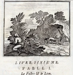 The Lion and the Gnat. Fables by Jean de La Fontaine. Illustration by François Chauveau. Edition of 1728