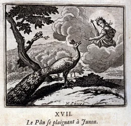 The Peacock Complaining to Juno. Fables by Jean de La Fontaine. Illustration by François Chauveau. Edition of 1728