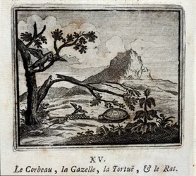 The Raven, the Gazelle, the Turtle and the Rat. Fables by Jean de La Fontaine (1621-95). Illustration by François Chauveau (1613-1676). Edition of 1728