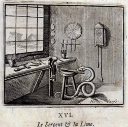 The Snake and the Lime. Fables by Jean de La Fontaine (1621-95). Illustration by François Chauveau (1613-1676). Edition of 1728