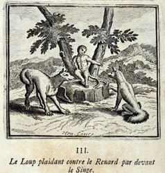 The Wolf pleading against the Fox in front of the Monkey. Fables by Jean de La Fontaine (1621-95). Illustration by François Chauveau (1613-1676). Edition of 1728
