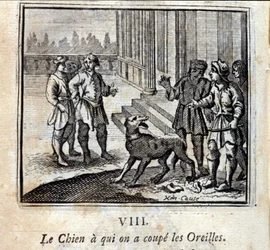 The Dog with His Ears Cut Off. Fables by Jean de La Fontaine. Illustration by François Chauveau. Edition of 1728