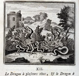 The dragon has several heads and the dragon has several tails. Fables by Jean de La Fontaine (1621-95). Illustration by François Chauveau (1613-1676). Edition of 1728.