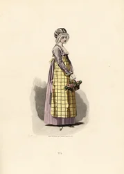 Woman in pansy dress with straw-coloured apron