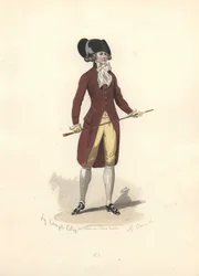 Man in large black bicorn hat, era of Marie Antoinette.
