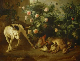 Dog Guarding Game by a Rose Bush