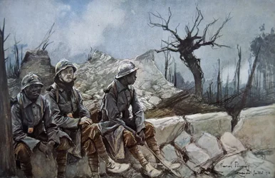 French troops rest amid ruins of a church at Dompierre