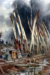 The Offensive at Yser (1917). French Line Near Het-Sas Just Before 31 July. Soldiers Waiting for Orders Amongst Trees Shattered by Gunfire of Previous Engagements. After Painting by Francois Flameng