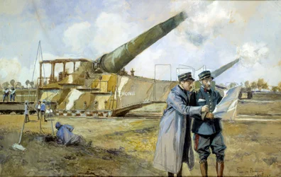 World War I: 400 Battery in October 1916 (ALVF or ALGP (Large Range Heavy Artillery) of the Great War. Commanders Observe a Battle Plan