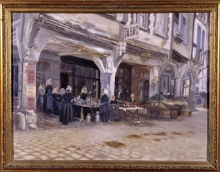 Market under the porches in Dinan - by F. Gombeaux, late 19th century