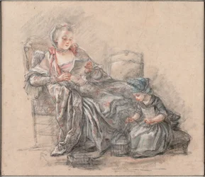 Woman Reading and a Girl Playing (presumably the Marquise de Pompadour with her daughter Alexandrine), 1748