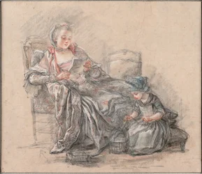 Woman Reading and a Girl Playing Marquise de Pompadour with Her Daughter Alexandrine, c. 1748