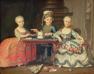 Group Portrait of a Boy and Two Girls Building a House of Cards with Other Games by the Table