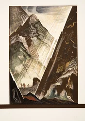 Prometheus being nailed to the Rock by Hephaestus, Kratos and Bia, from Prometheus Bound by Aeschylus, pub. 1941