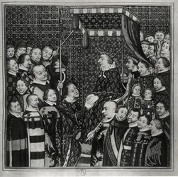 Louis II (1337-1410) Count of Clement, paying homage to Charles V (1338-80) copy of a 14th century miniature