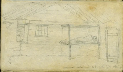 One-post bedstead and buffalo hide listing, 1851