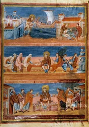 Saint Jerome Leaving Rome and Paying His Teacher in Jerusalem, Working with His Scribes, and Distributing the Vulgate