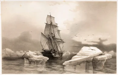 Corvette La Recherche near Bear Island on 7th August, 1838, from Voyages en Scandinavie, 1852