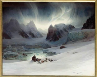 Magdalena Bay viewed from Peninsula Tomb, North Spitsbergen. Aurora borealis effect. Painting by Francois Auguste Biard
