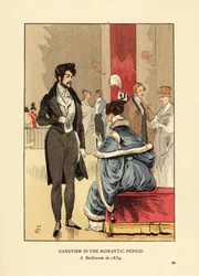 Dandyism in the Romantic Period, A ballroom in 1834. Fop in coat with tails, tight pants and top hat. Woman in fur-trim dress with feather in her hair. Handcoloured lithograph by R.V. after an illustration by Francois Courboin from Octave Uzanne’s Fashion