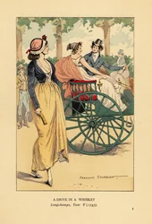 Fashionable Couple Driving in a One-Horse Whiskey Carriage or Gig in Longchamps, Paris, Year V