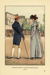 Fashionable couple slumming it on the Boulevard du Temple, Paris. The Boulevard des Petits Spectacles